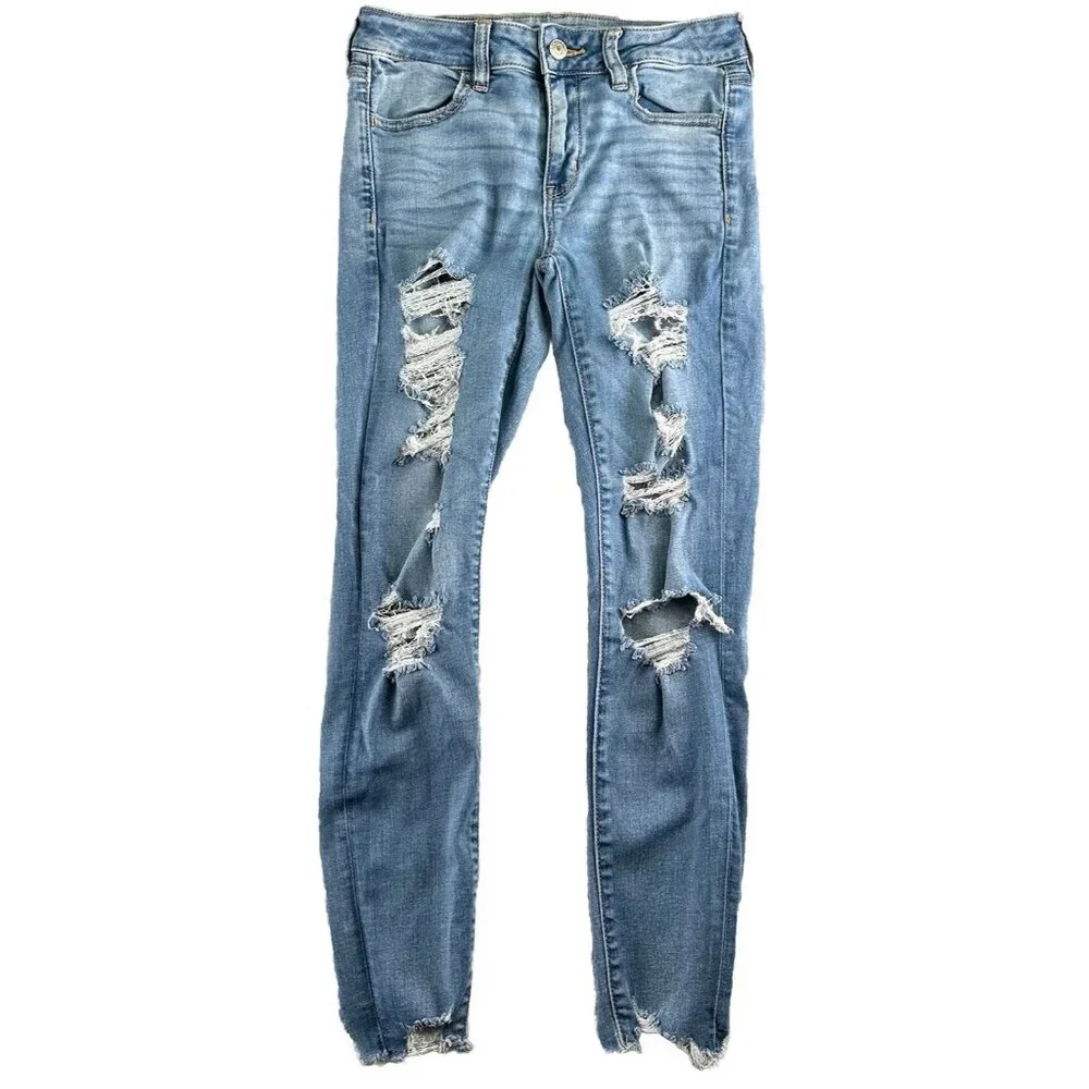 American Eagle Jegging Jean Womens Sz 4S Lt Wash Raw Hem Stretch Distressed Boho